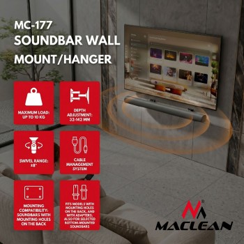 Maclean Soundbar Wall Mount / Bracket, angle adjustment +8 8 , max. load 10 kg, made of steel, MC-177