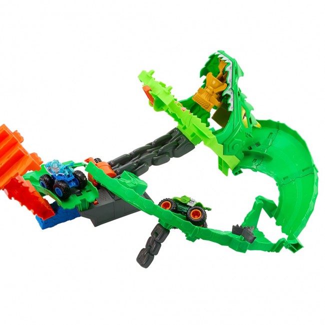 Hot Wheels Monster Trucks Sharks vs. Dinos Dragon Destruction Playset & 2 Toy Trucks