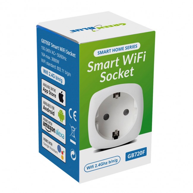 GreenBlue WiFi remote controlled socket, Android/iOS/Alexa/Google Home, energy cons. Energy, timer, max 3680W, type F, GB720 F GreenBlue WiFi remote controlled socket, Android/iOS/Alexa/Google Home, energy cons. Energy, timer, max 3680W, type F, GB720 F
