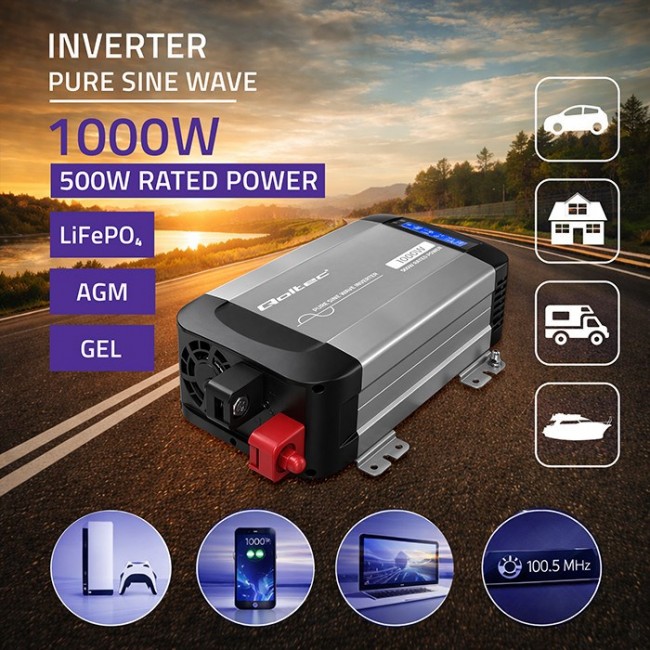 Qoltec Przetwornica napięcia Pure Sine Wave | 12V na 230V | 500/1000W | LCD | USB | USB-C | Kompatibilno z LiFePo4 GEL AGM