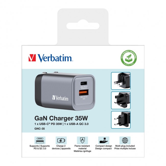 Verbatim GNC-35 GaN Charger 35W with 1 x USB-C PD 35W / 1 x USB-A QC 3.0 (EU/UK/US) Verbatim GNC-35 GaN Charger 35W with 1 x USB-C PD 35W / 1 x USB-A QC 3.0 (EU/UK/US)