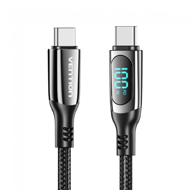 Vention Cotton Braided USB 2.0 C Male to C Male 5A Cable With LED Display 1.2M Black Zinc Alloy Type Vention Cotton Braided USB 2.0 C Male to C Male 5A Cable With LED Display 1.2M Black Zinc Alloy Type
