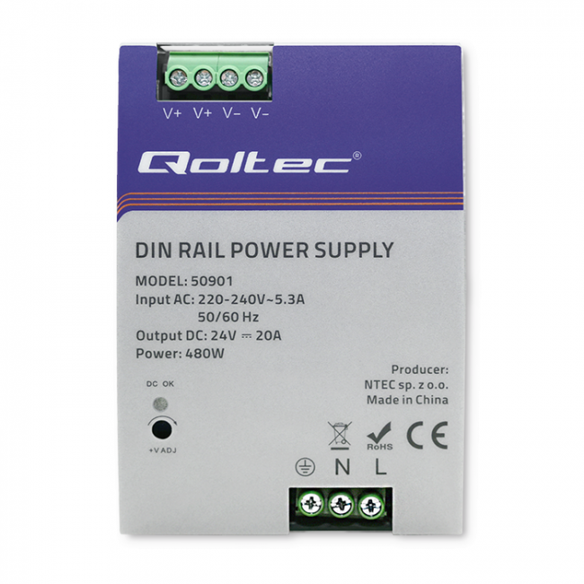 Qoltec 50901 Industrial DIN rail power supply | 480W | 24V | 20A Qoltec 50901 Industrial DIN rail power supply | 480W | 24V | 20A