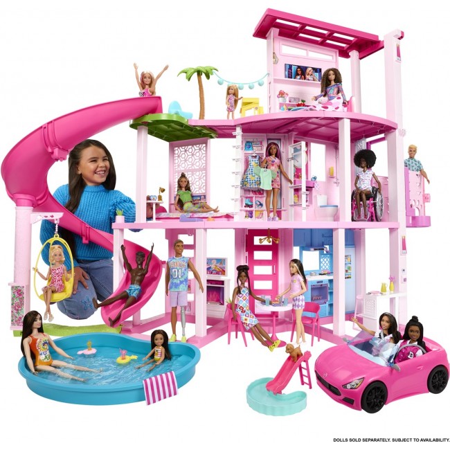 Barbie Dreamhouse Adventures Dreamhouse, 75+ Pieces, Pool Party Doll House with 3 Story Slide