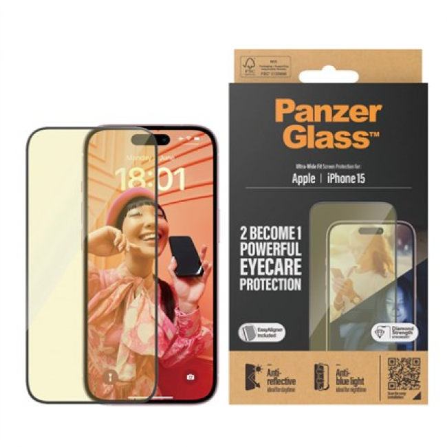 PanzerGlass Eyecare Screen Protection iPhone 15 | Ultra-Wide Fit w. EasyAligner Clear screen protector Apple 1 pc(s)