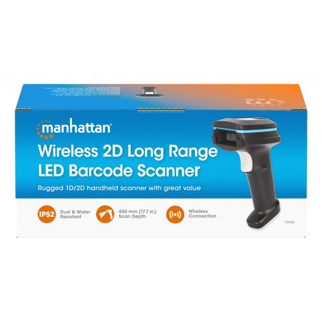 Manhattan Wireless 2D Handheld Barcode Scanner, 250mm Scan Depth, up to 80m effective range (line of sight), Max Ambient Light 100,000 lux (sunlight), Black, Charging cable (USB-A to USB-C into device) 1m included, Three Year Warranty