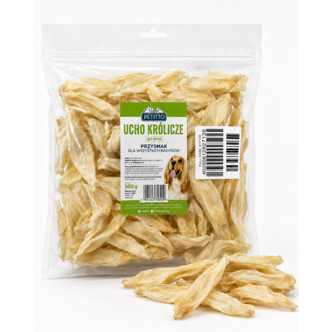 PETITTO Rabbit ear without fur Mono - dog treat - 500g PETITTO Rabbit ear without fur Mono - dog treat - 500g
