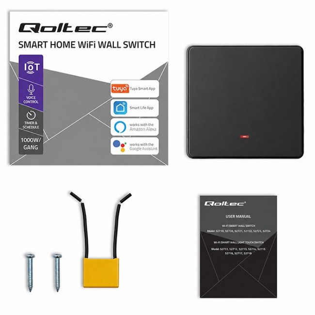 Qoltec 52722 Smart 1-Gang Light Switch | Wi-Fi | Timer | Tuya | Smart life | Black
