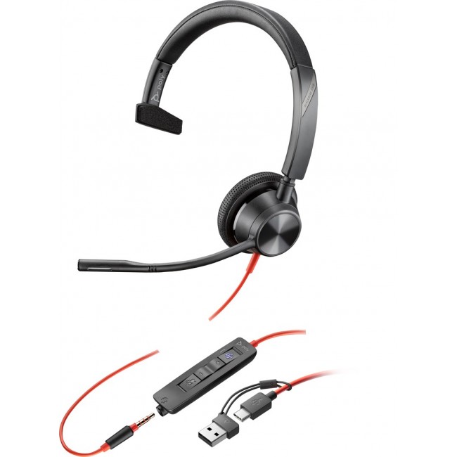 POLY Blackwire 3315 Monaural Microsoft Teams Certified USB-C Headset +3.5mm Plug +USB-C/A Adapter