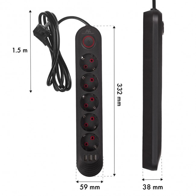 Maclean power strip, 5 socket extension cable + 3xUSB, 110-240V AC 50/60Hz, 2.1A max 2500W, 1.5m, black, MCE395 B Maclean power strip, 5 socket extension cable + 3xUSB, 110-240V AC 50/60Hz, 2.1A max 2500W, 1.5m, black, MCE395 B