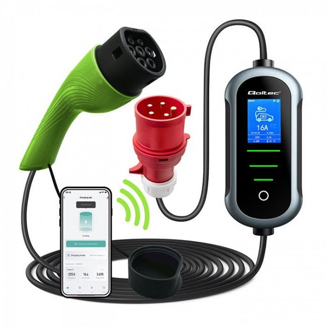 Qoltec 52436 Mobile EV Electric Car Charger with 2-in-1 Type 2 Adjustment | 11kW | 400V | Wi-fi | TUYA | SMART LIFE | LCD | Portable | 5m