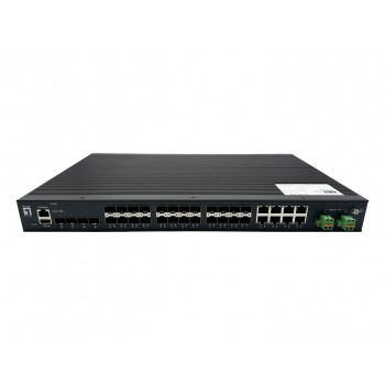 LevelOne 28-Port L2 Plus Managed Gigabit Fiber Industrial Switch, 4x 1.25/2.5GbE SFP, 16x 1.25GbE SFP, 8x Gigabit SFP/RJ45 Combo, Redundant Power Supply, -40 C to 80 C