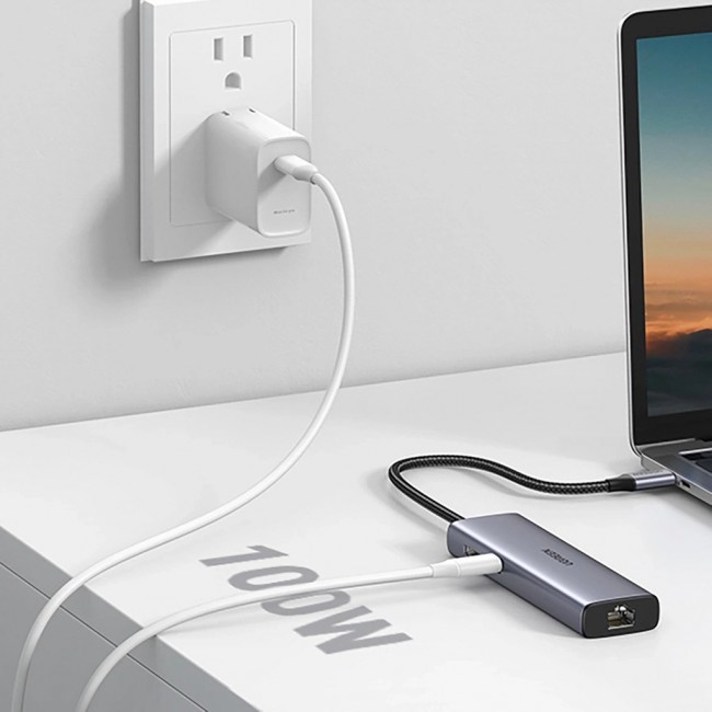 Ugreen CM512 90568 USB-C adapter 2 USB-A 3.0 / HDMI / RJ45 / SD and TF card reader / USB-C PD 100 W Grey