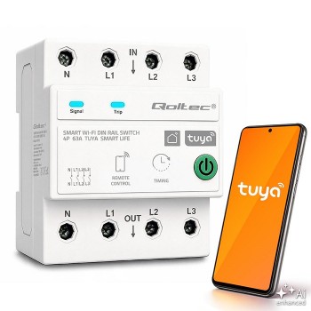 Qoltec Tr jfazowy przeka nik 63A na szynę DIN | 3P+N | Timer | Wi-Fi | Tuya | Smart Life | Amazon Alexa | 4P