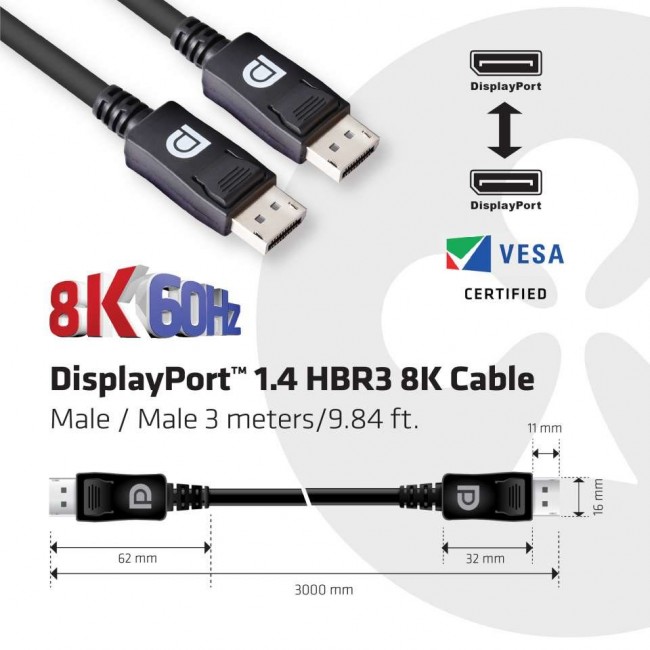 CLUB3D DisplayPort 1.4 HBR3 8K 28AWG Cable M/M 3m /9.84ft CLUB3D DisplayPort 1.4 HBR3 8K 28AWG Cable M/M 3m /9.84ft