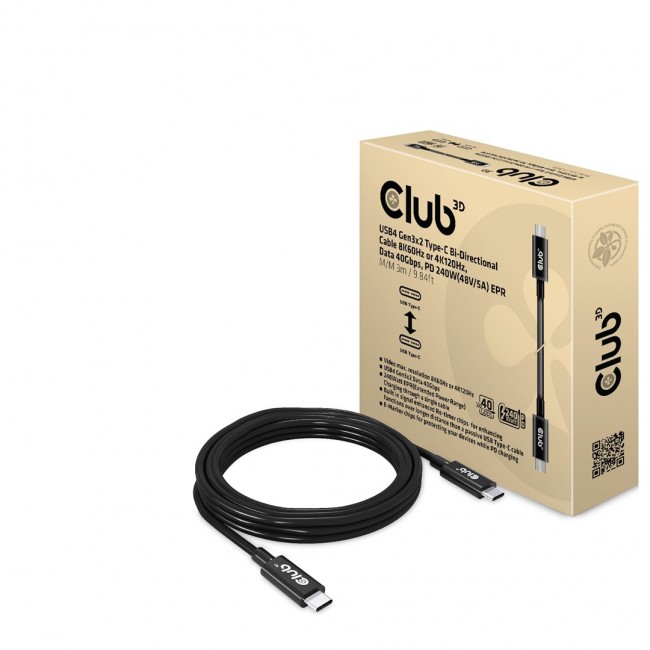 CLUB3D USB4 Gen3x2 Type-C Bi-Directional Cable 8K60Hz or 4K120Hz, Data 40Gbps, PD 240W(48V/5A) EPR M/M 3m / 9.84ft CLUB3D USB4 Gen3x2 Type-C Bi-Directional Cable 8K60Hz or 4K120Hz, Data 40Gbps, PD 240W(48V/5A) EPR M/M 3m / 9.84ft