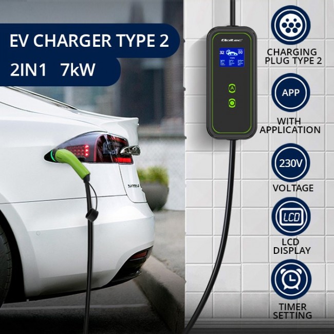 Qoltec Mobile EV Car Charger Adjustable 2in1 Type2 | 7kW | 230V | CEE 3 PIN | Wi-fi| LCD | Portable | Wallbox | 5m Qoltec Mobile EV Car Charger Adjustable 2in1 Type2 | 7kW | 230V | CEE 3 PIN | Wi-fi| LCD | Portable | Wallbox | 5m