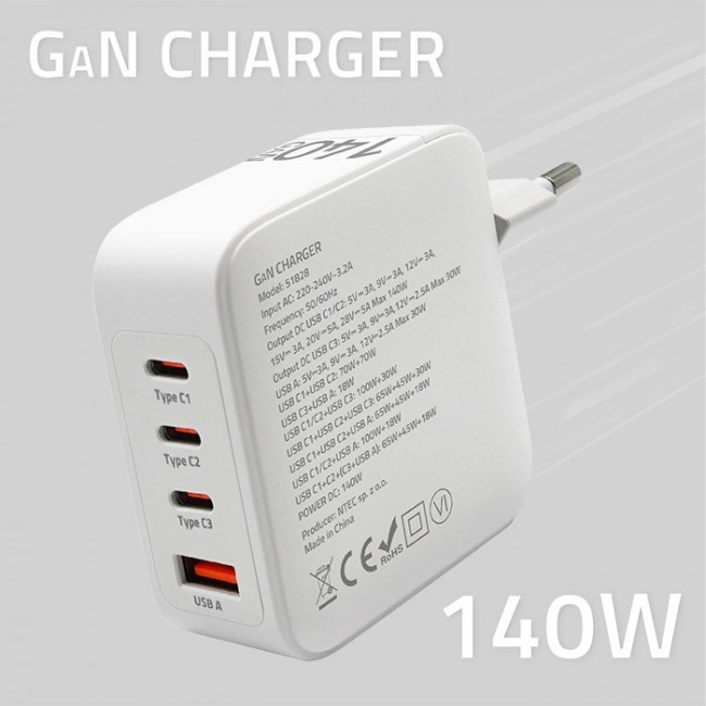 Qoltec 140W GaN Wall Charger | 5-20V | 2.5-5A | 3 x USB-C PD | 1 x USB QC 3.0 | White