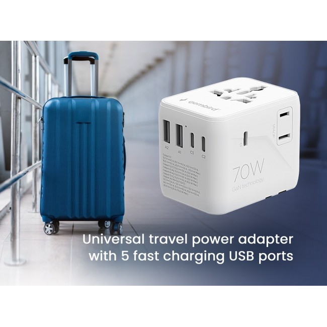 Gembird TPA-2A3C70-01-W Universal travel power adapter, 70 W, white