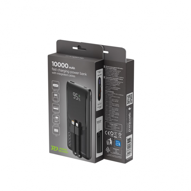 Gembird PB10-PD20-LCD-01 Fast charging power bank with integrated cables, 20W, 10000 mAh, black