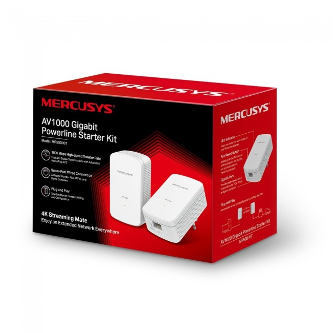 Mercusys | AV1000 Gigabit Powerline Starter Kit | MP500 KIT | 1000 Mbit/s | Ethernet LAN (RJ-45) ports 1 Mercusys | AV1000 Gigabit Powerline Starter Kit | MP500 KIT | 1000 Mbit/s | Ethernet LAN (RJ-45) ports 1