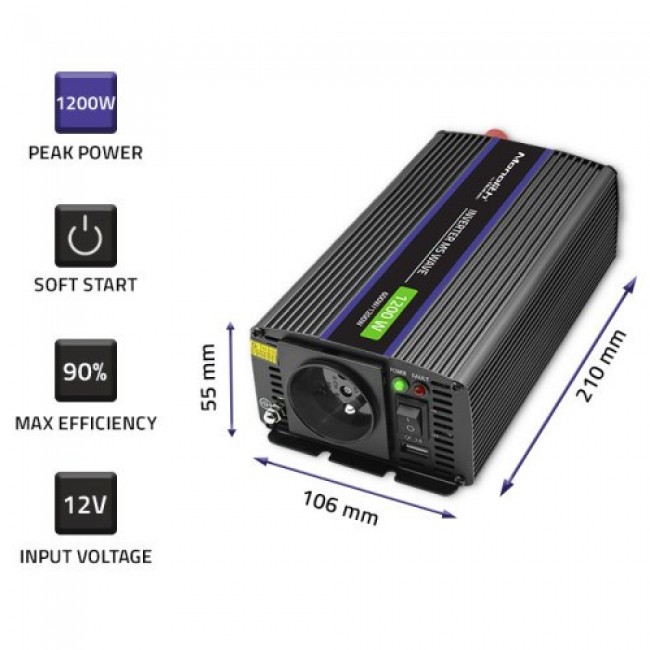 Qoltec Monolith power adapter/inverter Auto/Indoor 600 W Black Qoltec Monolith power adapter/inverter Auto/Indoor 600 W Black