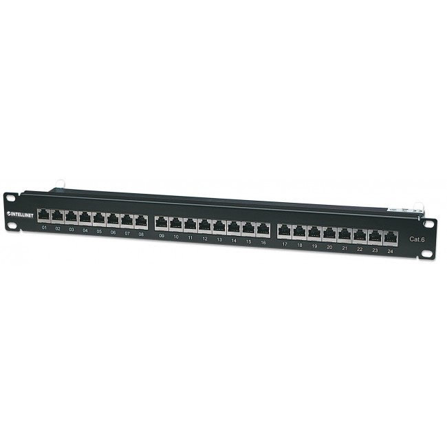 Intellinet Patch Panel, Cat6, FTP, 24-Port, 1U, Shielded, 90 Top-Entry Punch-Down Blocks, Black Intellinet Patch Panel, Cat6, FTP, 24-Port, 1U, Shielded, 90 Top-Entry Punch-Down Blocks, Black