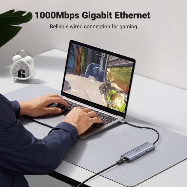 Ugreen CM512 90568 USB-C adapter 2 USB-A 3.0 / HDMI / RJ45 / SD and TF card reader / USB-C PD 100 W Grey