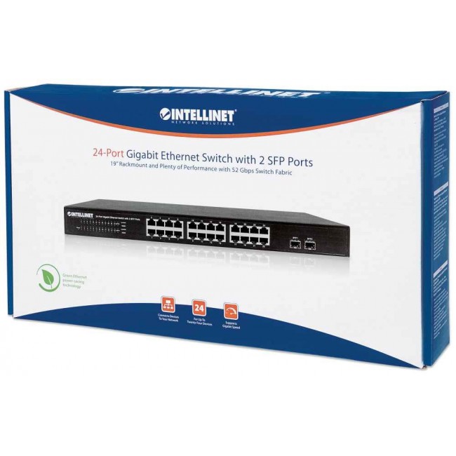 Intellinet 24-Port Gigabit Ethernet Switch with 2 SFP Ports, 24 x 10/100/1000 Mbps RJ45 Ports + 2 x SFP, IEEE 802.3az (Energy Efficient Ethernet), 19 Intellinet 24-Port Gigabit Ethernet Switch with 2 SFP Ports, 24 x 10/100/1000 Mbps RJ45 Ports + 2 x SFP, IEEE 802.3az (Energy Efficient Ethernet), 19