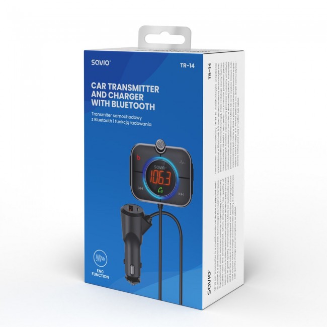 Savio TR-14 Transmiter FM z Bluetooth i adowarką PD 87.6 - 107.9 MHz Bluetooth/USB Black Savio TR-14 Transmiter FM z Bluetooth i adowarką PD 87.6 - 107.9 MHz Bluetooth/USB Black