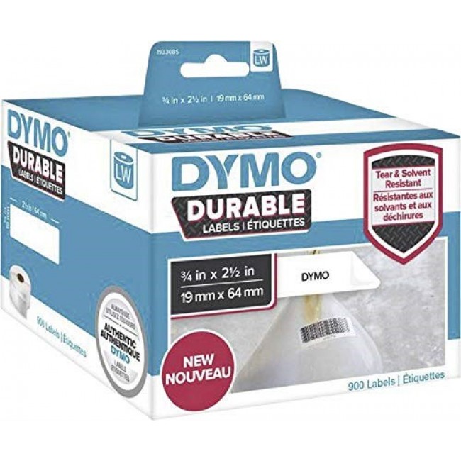 DYMO LabelWriter Durable Industrial Labels | 19mm x 64mm | White Poly | 2 Rolls of 450 (900 Self-Adhesive Labels) | Authentic | For LabelWriter Label Makers