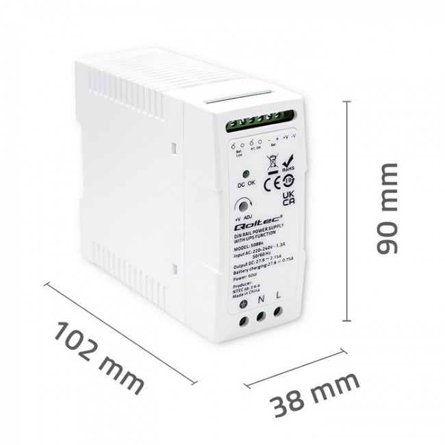 Qoltec 50884 DIN Rail Power Supply with UPS function | 60W Qoltec 50884 DIN Rail Power Supply with UPS function | 60W