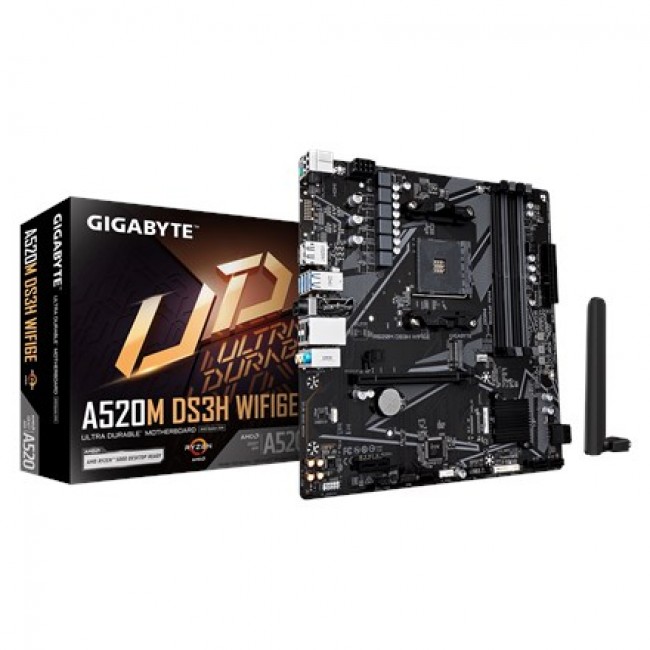 GIGABYTE A520M DS3H WIFI6E Motherboard - Supports AMD Ryzen 5000 Series AM4 CPUs, up to 4733MHz DDR4 (OC), 1xPCIe 3.0 M.2, WIFI 6E, GbE LAN, USB 3.2 Gen 1