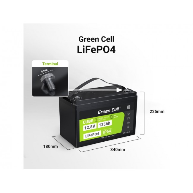 Green Cell Žalias Cell CUBE LiFePO4 125Ah 12,8V 1600Wh liio geležies fosfato baterija kemperiui, sauls energijai, neprijungtai prie tinklo, laivui Lithium Iron Phosphate (LiFePO4) 12.8 V Green Cell Žalias Cell CUBE LiFePO4 125Ah 12,8V 1600Wh liio geležies fosfato baterija kemperiui, sauls energijai, neprijungtai prie tinklo, laivui Lithium Iron Phosphate (LiFePO4) 12.8 V