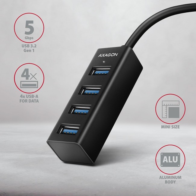 Axagon HUE-M1AL interface hub USB 3.2 Gen 1 (3.1 Gen 1) Type-A 5000 Mbit/s Black Axagon HUE-M1AL interface hub USB 3.2 Gen 1 (3.1 Gen 1) Type-A 5000 Mbit/s Black