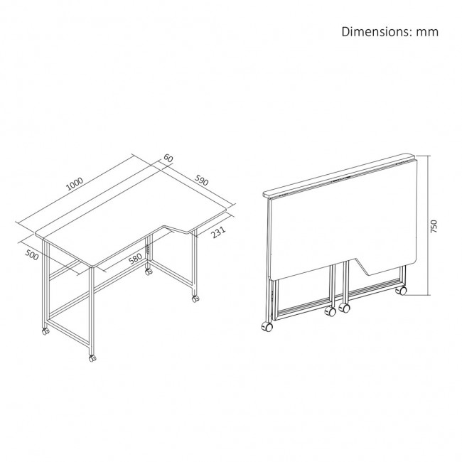 Maclean Folding Desk, Black, Mobile, 100x65 cm, max. 50 kg, Corner, L-Shaped, MC-1250 L/B