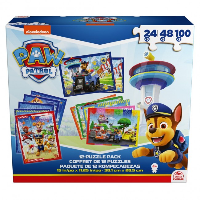 Games PAW Patrol, 12-Puzzle Pack 24-Piece 48-Piece 100-Piece Kids Puzzles Chase Marshall Skye Everest Rubble Zuma Rocky, for Preschoolers Ages 4 and up