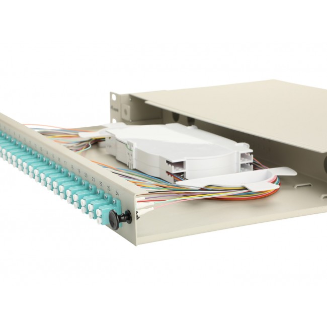 Equip 24-Port Fiber Optic Splice Box, LC Duplex, OM3, 1U, Equipped, Grey