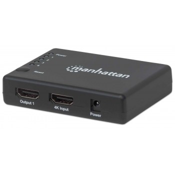 Manhattan HDMI Splitter 4-Port (Compact), 4K@30Hz, Displays output from x1 HDMI source to x4 HD displays (same output to four displays), AC Powered (cable 0.7m), Black, Three Year Warranty