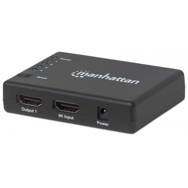 Manhattan HDMI Splitter 4-Port (Compact), 4K@30Hz, Displays output from x1 HDMI source to x4 HD displays (same output to four displays), AC Powered (cable 0.7m), Black, Three Year Warranty
