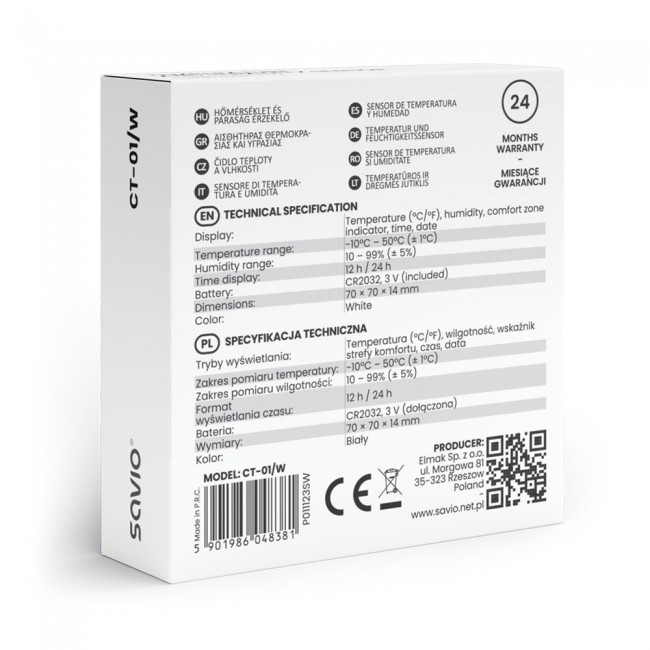 SAVIO Wireless weather station, temperature and humidity sensor, for indoor use, LCD screen, clock, date, handle with magnet, CT-01/W White