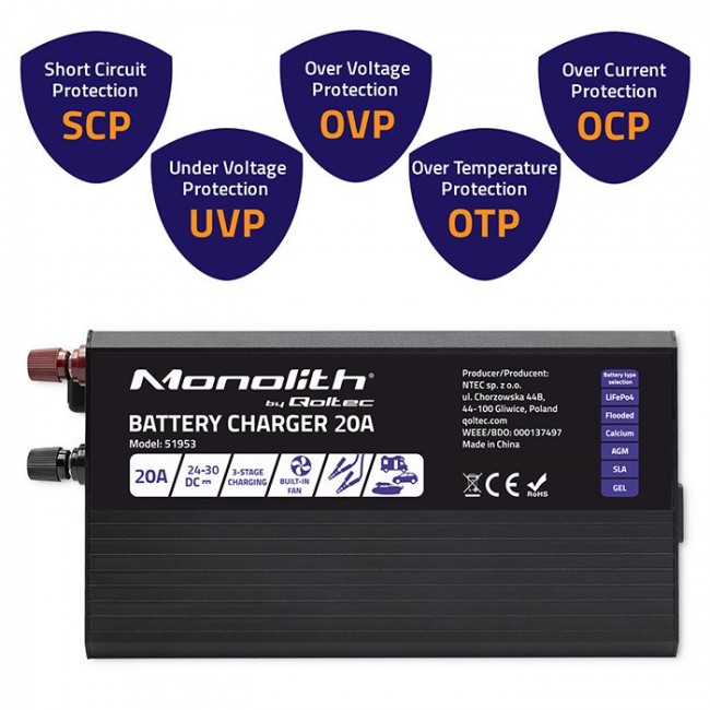 Qoltec Smart Monolith Battery Charger for LiFePO4 AGM GEL SLA batteries | 20A | 24V Qoltec Smart Monolith Battery Charger for LiFePO4 AGM GEL SLA batteries | 20A | 24V
