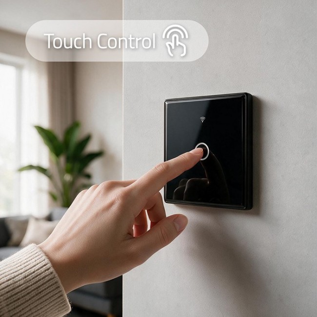 Qoltec 52711 Smart Touch 1-Gang Light Switch | Wi-Fi | Timer | Tuya | Smart Life | Tempered Glass | Black