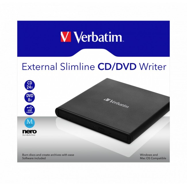 Verbatim External Slimline CD/DVD Writer optical disc drive DVD RW Black Verbatim External Slimline CD/DVD Writer optical disc drive DVD RW Black