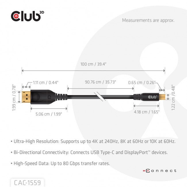 Cable USB-C to DP 1M/M/M CAC-1559 Club3D Cable USB-C to DP 1M/M/M CAC-1559 Club3D