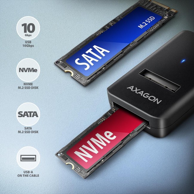 Axagon ADM2-AM USB-A 10Gbps - M.2 NVMe & SATA SSD adapt r, kabelis USB-A 10cm SSD enclosure Black