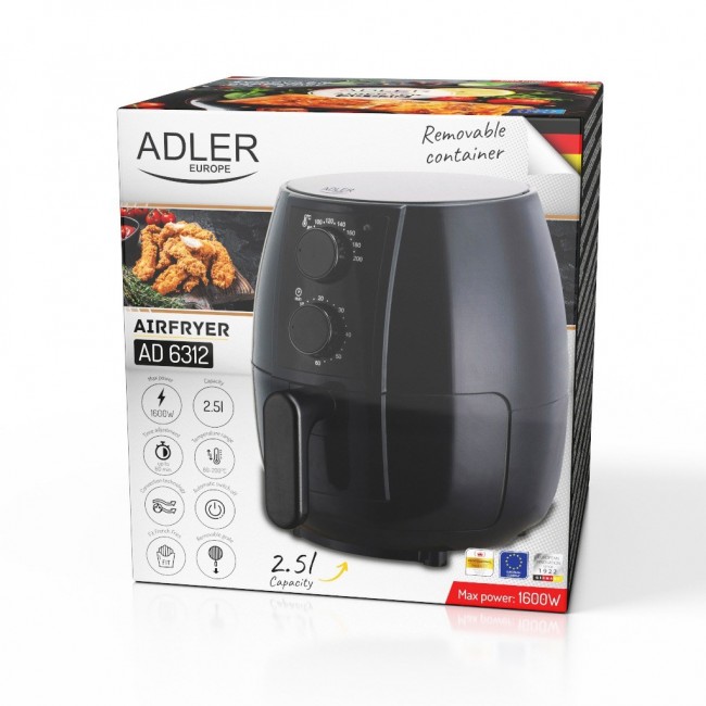 Adler AD 6312 fryer Single 2.5 L Stand-alone 1600 W Hot air fryer Black