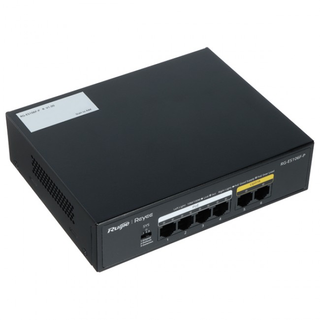 Ruijie Networks RG-ES106F-P network switch Unmanaged L2 Fast Ethernet (10/100) Power over Ethernet (PoE) Black