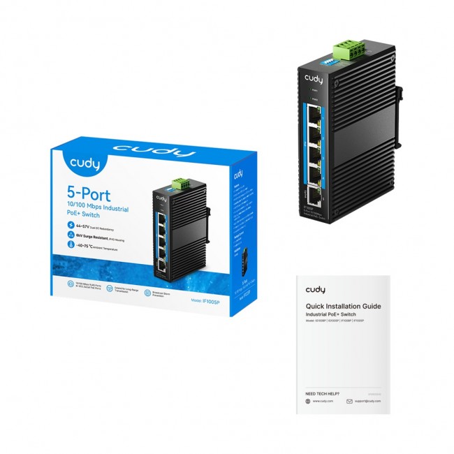 Cudy 5-Port 10/100 Mbps Industrial PoE+ Switch, IF1005P 2.0 Fast Ethernet (10/100) Power over Ethernet (PoE) Black