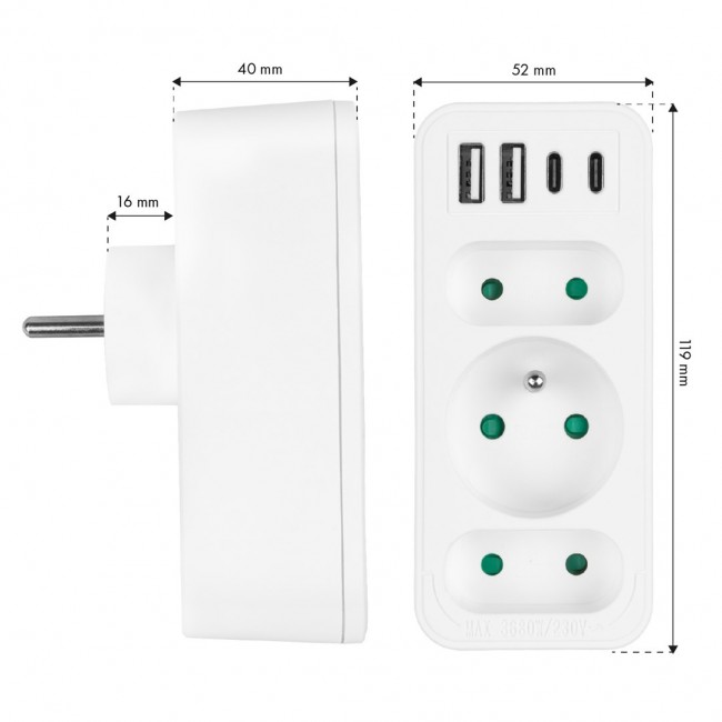 Current socket x3 + 4xUSB Maclean, splitter with 3 sockets, 2xUSB A, 2xUSB C PD 20W, 1x16A + 2x6A, MCE248 F/W Current socket x3 + 4xUSB Maclean, splitter with 3 sockets, 2xUSB A, 2xUSB C PD 20W, 1x16A + 2x6A, MCE248 F/W
